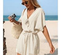 Combinaison femme à col en V avec manches chauve-souris, short taille cintrée, tenue de plage élégante et modeste pour les vacances L,M,S,XLUnicoloreÉtoffe