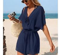 Combinaison femme à col en V avec manches chauve-souris, short taille cintrée, tenue de plage élégante et modeste pour les vacances L,M,S,XLUnicoloreÉtoffe
