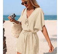 Combinaison femme à encolure en V avec manches chauve-souris, taille cintrée et shorts, élégante et modeste pour les vacances et la plage L,M,S,XLUnicoloreÉtoffe