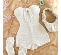 Combinaison femme à nœud devant en maille blanche texturée, ajustée, convient pour les fêtes, les rendez-vous, la Saint-Valentin, sexy et romantique, le carnaval, la plage, la croisière, le thé de l'a