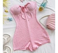 Combinaison femme blanche texturée en tricot avec nœud devant, ajustée, sexy et romantique pour fête, rendez-vous, Saint-Valentin, carnaval, croisière, thé de l'après-midi L,M,S,XL,XSUnicoloreTissu tr