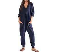 Combinaison Femme Casual Manches Longues Combinaison Col V Combishort Pantalon Ample D’été Combishort Combishort Pantalon De Travail Une Pièce Uni en Coton avec Poches Salopette, Navy, S