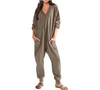 Combinaison Femme Casual Manches Longues Combinaison Col V Combishort Pantalon Ample D’été Combishort Combishort Pantalon De Travail Une Pièce Uni en Coton avec Poches Salopette, Coffee, S