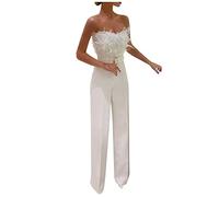 Combinaison Femme Chic, Combinaison Bustier sans Manches Sexy Combishort Longue Soiree Mariage Jumpsuit One Piece Playsuit Ceinturée à Taille Haute (White, S)