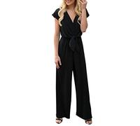 Combinaison Femme Chic Grande Taille Col Rond Couleur Unie Barboteuse Jumpsuit D'été Chic Élégant Slim Pantalon Loose Casual Combishort avec Ceinture Combinaison Pantalon Femme