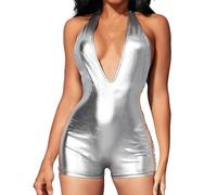 Combinaison Femme Chic Pour Soirée, Combishort Body haute dos ouvert cravate en V profond (Silver S)
