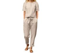 Combinaison Femme Complète Coton et Lin d'Été Ensembles de Pantalons Deux Pièces Décontracté Complet Élégant Mode Manches Courtes Chemise et Pantalon Long Vêtements Grande Taille Confortable