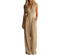Combinaison Femme Élégante Col V sans Manches Jambes Larges avec Poches Chic Ete Couleur uniee Ensemble Fluide Décontracté Pantalon Loose Casual Combishort Pour Travail Bureau Soirée Mariage