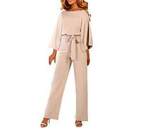 Combinaison Femme Élégante Combinaison Femme Élégante Longue Jambe Large Jumpsuit Femme Baggy Tailleur Chic Couleur Unie Costume Femme Party Robes de Soirée Plein Manches Longues Coordonné, beige, M