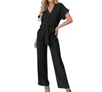 Combinaison Femme Élégante Combinaisons Femme Élégant Manches Courtes Jumpsuit Femme à Jambe Large Sexy Ensemble Avec Dos Découvert Couleur Unie Cocktail Playsuit 1 pièces Col en V Overall Cérémonie,