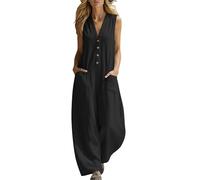 Combinaison Femme en Coton Lin sans Manches Col en V Bouton Casual Couleur Unie Ample Salopette avec Poches Jumpsuit Légère et Aéré Décontractée Polyvalente pour Le Travail Quotidien