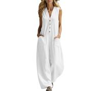 Combinaison Femme en Coton Lin sans Manches Col en V Bouton Casual Couleur Unie Ample Salopette avec Poches Jumpsuit Légère et Aéré Décontractée Polyvalente pour Le Travail Quotidien