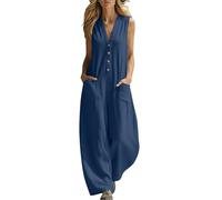 Combinaison Femme en Coton Lin sans Manches Col en V Bouton Casual Couleur Unie Ample Salopette avec Poches Jumpsuit Légère et Aéré Décontractée Polyvalente pour Le Travail Quotidien