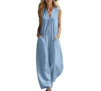 Combinaison Femme en Coton Lin sans Manches Col en V Bouton Casual Couleur Unie Ample Salopette avec Poches Jumpsuit Légère et Aéré Décontractée Polyvalente pour Le Travail Quotidien