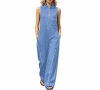 Combinaison Femme en Lin Coton sans Manches Trousers Ample et Décontracté avec Col Montant Vêtement D'Été Confortable et Respirant Tenue Style Bohème et Élégant Coupe Fluide et Aérée