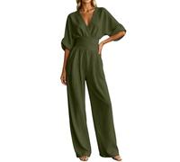 Combinaison Femme Ete, Combinaisons Manche 3/4 Col V Couleur Unie Jumpsuit D'été Chic Élégant Slim Pantalon Loose Casual Combishort avec Ceinture pour soirée, ceremonie et Tenues de Tous Jours