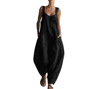 Combinaison Femme Été Fluide,Coton Lin Pantalons Chic sans Manches Pantalon Baggy à Bretelles Léger et Aéré Salopette de Loisirs avec Poches Couleur Unie LâChe Respirant pour La Plage Vacances