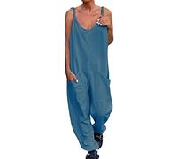 Combinaison Femme Ete, Pantalon Chic s décontractées d'été paghetti Strap V Neck Loose Romper avec poches (Blue XL)