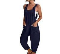Combinaison Femme Été sans Manches, Salopette Large pour Femme Jumpsuit À Bretelles Dos Nu pour Combishort Jambes Larges Barboteuse Léger Combi Femmes avec Poches Playsuit Style Boheme