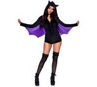 Leg Avenue Comfy Bat, features ultra-soft velvet plush zip up romper with wing sleeve and ear hood.