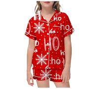 Combinaison Femme Noël Ensemble de Pyjama pour Petits Bébés Filles Garçons en Satin et Soie Manches Courtes Vêtements de Nuit 2 Pièces Boutonné Lounwear Classique Shorts Family Pyjamas Ensemble, rouge