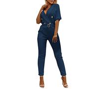 Combinaison Femme Pantalon De Bureau Professionnelle à Double Boutonnage Couleur Unie Col De Costume Manches Courtes Ample DéContractéE Avec Ceinture SoiréE Overalls Rompers Chic Slim Taille Haute