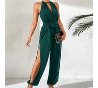 Combinaison femme sans manches avec encolure à trou de serrure pour le printemps/été, avec col en V profond, taille élastique, cravate de cou et fente latérale, longueur 9/10 L,M,S,XLUnicoloreTissu ti