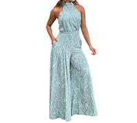 Combinaison Femme sans Manches Chic Élégant Combinaison ete fluide sans Manches à col Licou Imprimée à La Mode Romper Salopette à Jambes Larges Loose pour Soirée Mariage Cérémonie Fête (BU2, S)