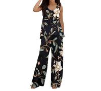 Combinaison festive élégante pour femme avec imprimé floral naturel, sans manches pour un style décontracté et chic pour printemps, été, tendance et décontracté, Noir , XXL