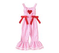 Combinaison Fille Chic Pour Soiré Combinaison-pantalon pour fille,ornée de broderies en forme de cœur et d'un nœud papillon à carreaux colorés,idéale la Saint-Valentin.Salopette en jean bébé.