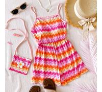Combinaison glamour et multicolore pour jeune fille avec sac inclus, combi-short à rayures nœud-en-ciel avec bretelles à nœud volantés, convient pour les vacances, l'école et les sorties, printemps/ét