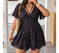Combinaison grande taille printemps/été décontractée vacances plage petits motifs floraux col V profond manches courtes 0XL,1XL,2XL,3XL,4XLImprimés aléatoiresTissu tissé