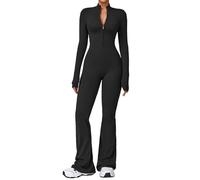 Combinaison intégrale Manches Longues évasées Fermeture éclair Body Justaucorps Yoga Pantalon Large pour Femme Automne Hiver Sport (Black, S)