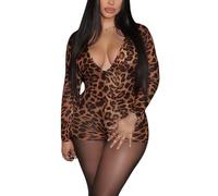 Combinaison léopard pour Femme, Combishort imprimé guépard Manches Longues col V Bodycon Party, Club, Combinaison Unie pièce Slim Extensible Courte pour Yoga, entraînement Fitness