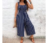 Combinaison longue casual bohème rayée bleu foncé, grande taille, pour l'été 0XL,1XL,2XL,3XL,4XL,5XLRayéTissu tissé