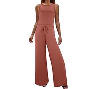 Combinaison longue d'été élégante sans manches à col en V pour femme - Combinaison pantalon - Grenouillère à jambes larges - Avec ceinture - Uni - Décontracté - Pantalon extensible - Léger - Taille