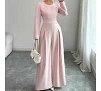 Combinaison longue élégante pour femmes en tissu drapé rose lotus, de style gracieux et Top de gamme. Col rond, taille cintrée, coutures princesse, décoration de strass, lien de taille style rétro fra