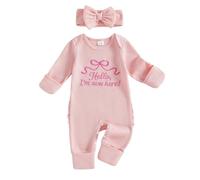 Combinaison Naissance Bébé Fille Barboteuse Doux avec Bandeau Cheveux | Ensemble de nouveau-né grenouillère brodé Hello I'm new here + bandeau nœud, parfait pour le première photo de bébé.