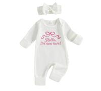 Combinaison Naissance Bébé Fille Barboteuse Doux avec Bandeau Cheveux | Ensemble de nouveau-né grenouillère brodé Hello I'm new here + bandeau nœud, parfait pour le première photo de bébé.