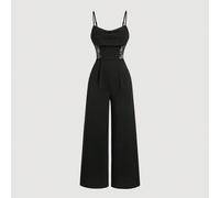 Combinaison noire drapée col plus grande taille, combinaison rétro à motif dentelle ajourée, jambes larges, combinaison de mariage, d'automne/hiver, style old money business casual pour enseignant, co