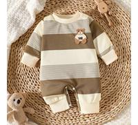Combinaison nouveau-né garçon abricot avec empiècement marron rayé, col rond, manches longues, motif badge ours en crochet, à la mode, décontractée, simple et mignonne 6-9M,0-1M,1-3M,3-6MBlocs de coul