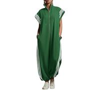Combinaison-pantalon à rayures contrastées pour femme, fermeture éclair sur le devant, col montant, manches courtes, style décontracté, ample. (Green,XXL)