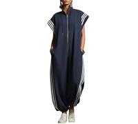 Combinaison-pantalon à rayures contrastées pour femme, fermeture éclair sur le devant, col montant, manches courtes, style décontracté, ample. (Blue,XXL)