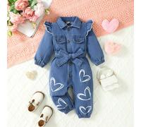 Combinaison pantalon en jean délavé bleu et blanc avec manches courtes et décoration cœur, style décontracté et mignon pour bébé fille, nouvelle arrivée automne/hiver, vacances, été, voyage, remise de