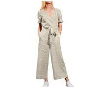 Combinaison Pantalon Été Femme Tendance 2025 Salopette Lin Playsuit Chic et Elegant Soldes D'Été Pantalon Large de Vacances Soirée Plage Jumpsuit Ample et Respirant Printemps Été Salopettes Pas Cher