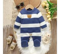 Combinaison-pantalon rayée bleu et blanc classique pour nouveau-né, col rond, manches longues, avec design ourson brodé 6-9M,0-1M,1-3M,3-6MRayéTricots