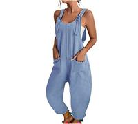 Combinaison Pantalon sans Manche Femme, Salopette Large pour Femme Combishort Jumpsuit À Bretelles Dos Nu Barboteuse Jambes Larges Romper Combi Femmes avec Poches Playsuit Style Boheme