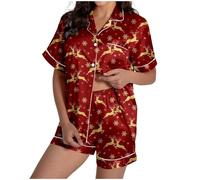 Combinaison Polaire Femme Short Femme Sexy Nuit Pyjama Motif Imprimé Pyjama Mignon Bouton Manches Courtes Haut Ensemble Short Et Haut Hiver Noel Femmes Sexy Été Red L