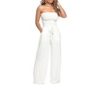 Combinaison pour femme avec dentelle à volants fixe, sans manches, à lacets, mi-longue, pantalon droit, Blanc., L
