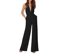 Combinaison pour femme - Col en V profond - Dos nu - Ample - Sans manches - Jambe large - Avec poches - Élégante - Uni - Dos nu - Taille élastique, #A1-noir, S